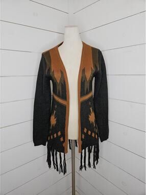 Daytrip Medium Brown & Black boho aztek open sweater cardigan with fringe